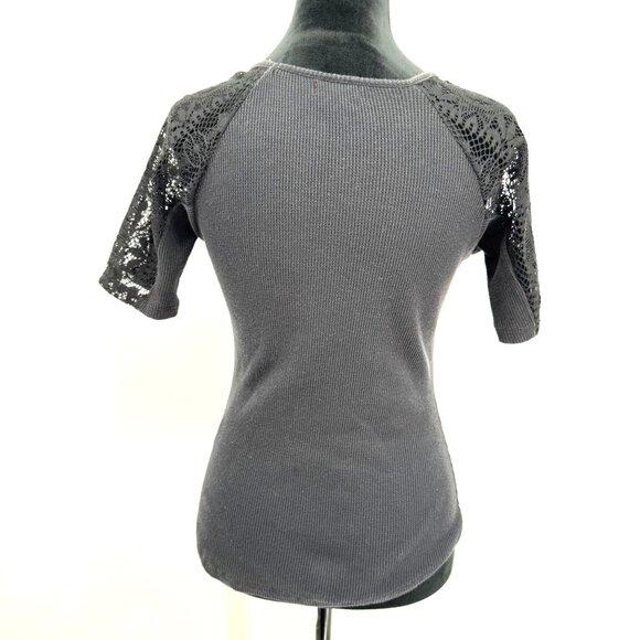 Bongo Y2K Waffle Knit Babydoll‎ Top Womens M Lace V Neck Button Thermal Henley - Picture 6 of 7